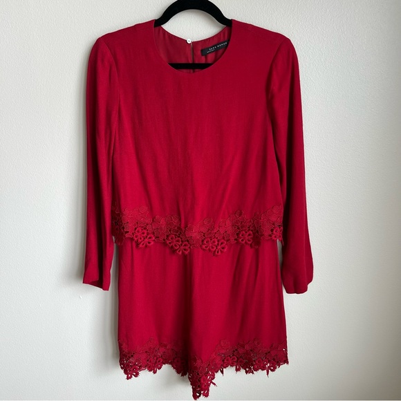 Zara Pants - Zara Red Lace Trim Long Sleeve Romper, Size Medium